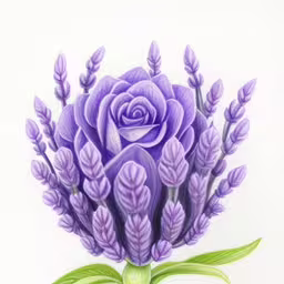 drawing a purple flower with leaves,a colored pencil drawing of a purple flower,a drawing of a purple rose with lavender flowers on the stem,a drawing of a lavender flower with leaves,this is an easy colored pencil drawing of a flower
