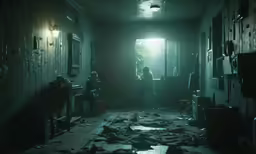 three people inside a dark room with shattered pieces on the floor