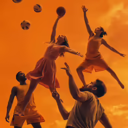 several people are jumping in the air with different balls