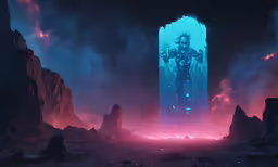 a painting of an alien like city with colorful lights