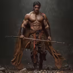 a man with a spear and armor stands in a cave