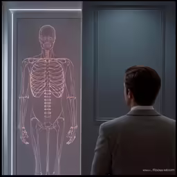 a man looking at a 3d image of a human body in front of a display