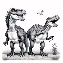 two large dinosaurs are standing near each other,two dinosaurs are standing next to each other with their mouths open,two dinosaurs facing each other with one holding the tail of a bird,two dinosaurs on top of each other in the field,a pair of dinosaurs holding their necks out to each other