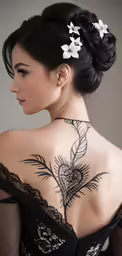 a woman with flowers in her hair is posing for the camera