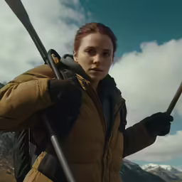a woman holds onto ski poles by a snowy mountain