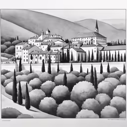 landscape drawing with trees and building in background