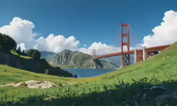 a view of a bridge from the grass with mountains in the background