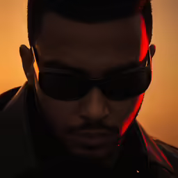 a man wearing sunglasses has his eyes glowing orange