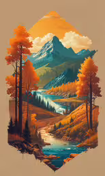 the mountain and stream are depicted on this illustration,painting of scenic mountain landscape with stream flowing through it