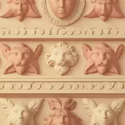 five plaster heads, with two large faces and six smaller ones