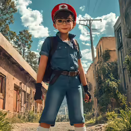 a young boy in a denim outfit poses on a street