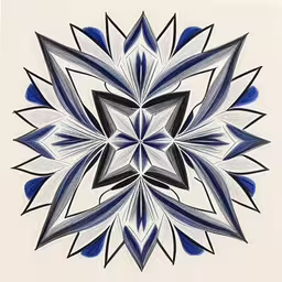 a design that is featured on a piece of art,a pen drawing of a white and blue starburst