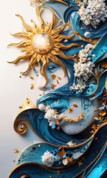 an abstract painting featuring blue and gold waves