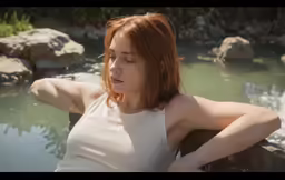 a woman leaning against a rock near a body of water