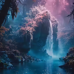 a forest filled with water surrounded by rocks