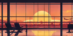 a passenger jet flying over a large city under a sunset,the view from an airport terminal at sunset
