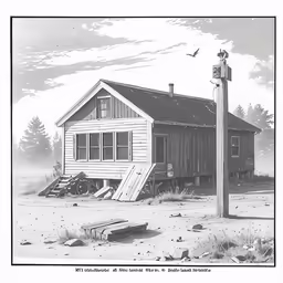 a drawing of a house next to a telephone pole and a ladder