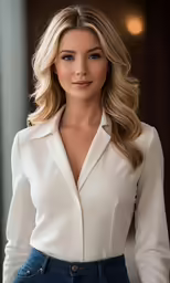 a beautiful blonde woman wearing a white blouse and jeans