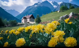 flowers blooming on the hillside next to the house