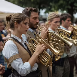 a man and woman playing brass instruments in a group
