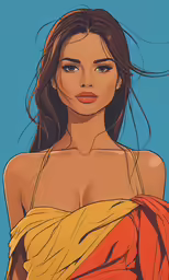 a young girl with long hair is dressed in orange