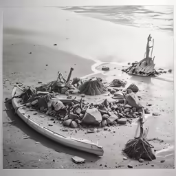 black and white photograph of debris on a beach with an old boat