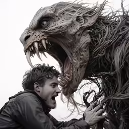 a person is being led into a giant fake animal