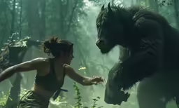 a woman and a big, hairy bear in the woods