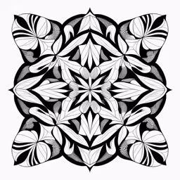 the flower design in this drawing has a white background,black and white drawing of an abstract leaf shape,a drawing of an abstract black and white design,a stylized black and white abstract flower design with lots of leaves,a black and white circular pattern with leaves