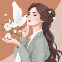 an anime girl in a dress holding flowers and a dove