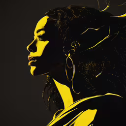 the image of an african woman is shown in yellow,a woman with long hair in profile