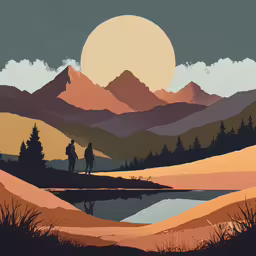 two people in the distance stand near a lake in a mountain range,a painting of two people walking away from the sun