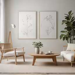 three framed pictures in a living room with white furniture and plant