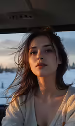 a girl with dark hair is sitting in the passenger seat