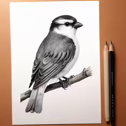 a bird sits on top of a tree branch next to two pencils