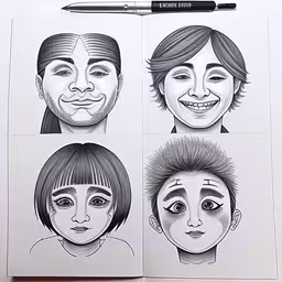 four pictures, including one with different facial expressions,there are four people, each with different hair styles,the drawings in the book are depicting different faces,three different faces are shown in black and white,a set of three notebooks, each with an different face design