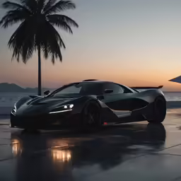 a dark sports car parked on a wet surface next to the ocean