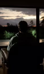 a man sitting in his living room watching the sunset