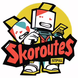 the logo of skoroutes is shown with the cartoon character holding a book