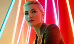 a beautiful young woman posing in front of a colorful light