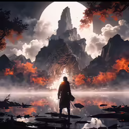 a person standing on a rocky cliff looking at the fire and clouds