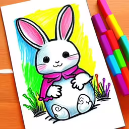 an easy drawing of a bunny that uses colored pencils,a painting of a bunny on top of a wooden surface