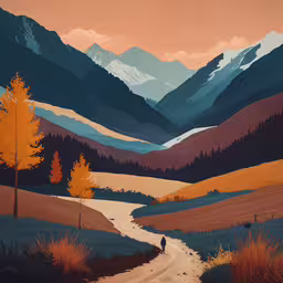 a painting of people walking on a road in the mountains,a painting of a person riding down a road
