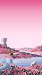 an artistic painting of a beautiful landscape with pink flowers in the background,a lake that has pink flowers in it