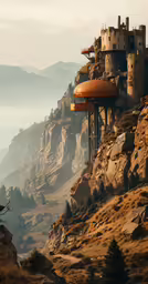 an old tower atop the rocky hillside near a body of water