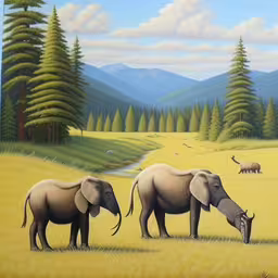 two adult elephants stand near some other animals,a painting of an elephants with different animals in a forest,the picture of some animals is very nice,a painting of elephants in a field of grass with mountains in the background,three elephants walking through the middle of a grassy field