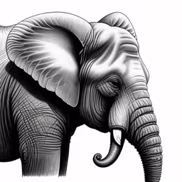 a penciled drawing of an elephant with tusks,a drawing of an elephant