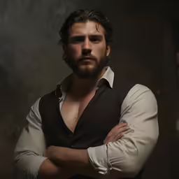 a man posing for a photo with his arms folded in a black vest