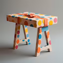 a wooden stool has a painted polka dot design