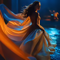 a model with long flowing hair and flowing dresses